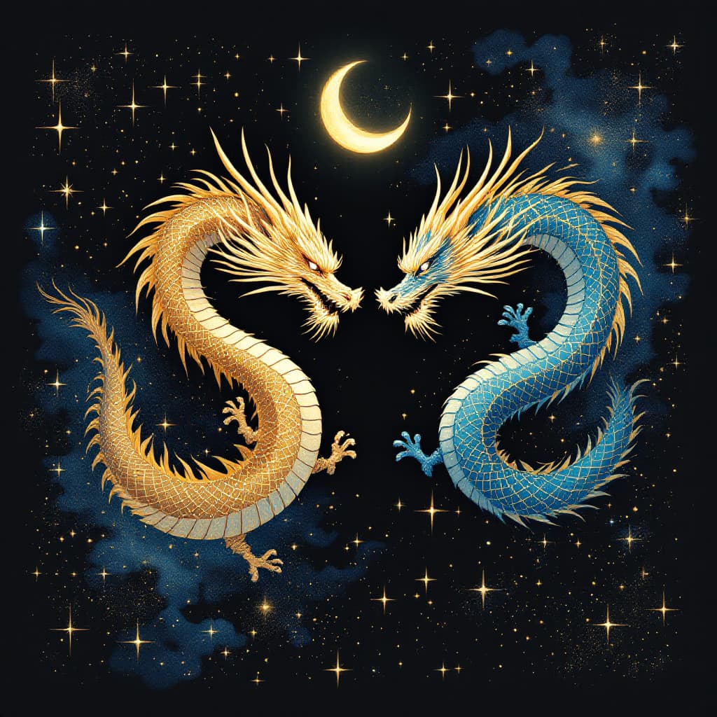 AI generated: On a dark background is the image of two dragons, one golden huang long and one kurikaraken in blue....