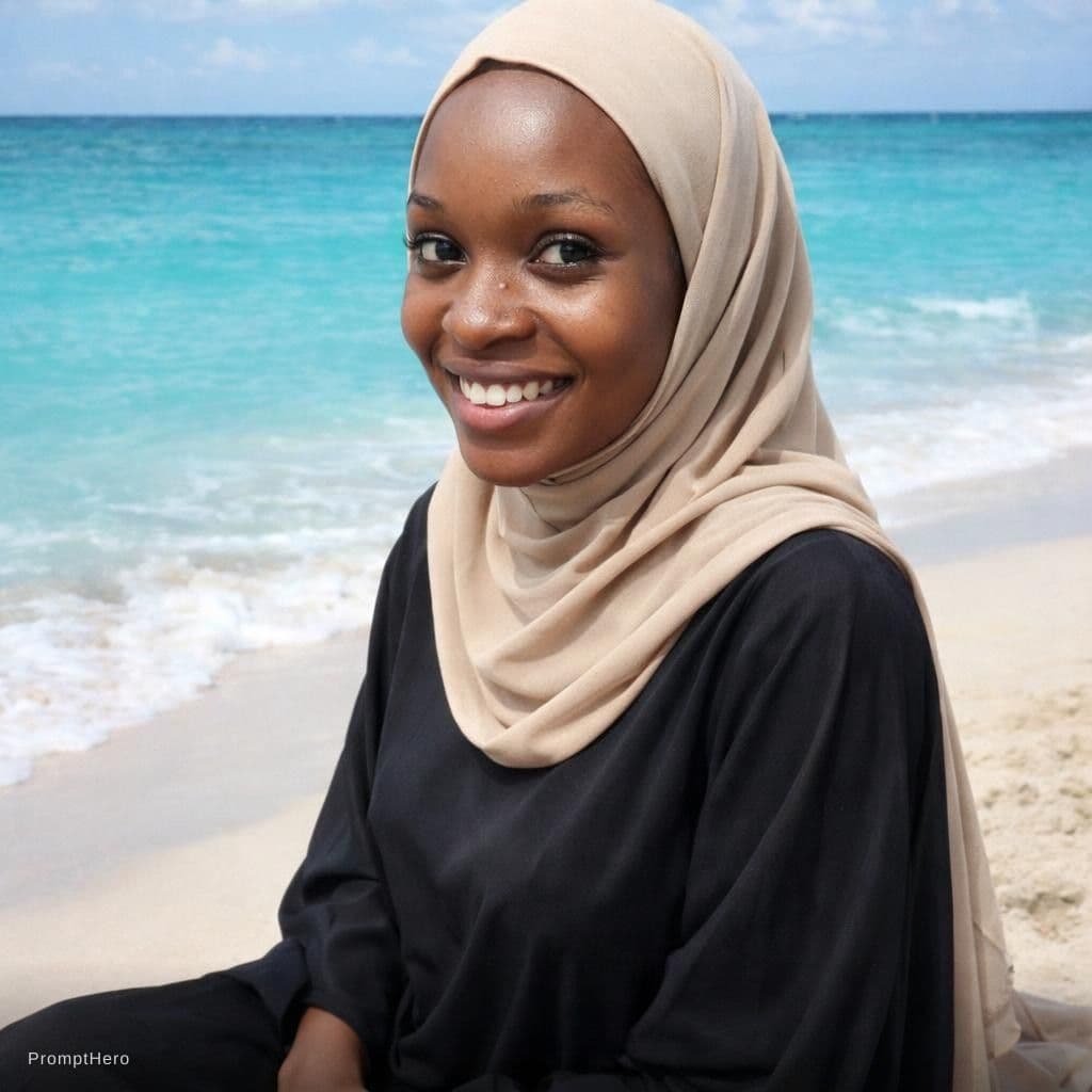 AI generated: black beautiful women in sitting in front of beach and smiling in full clothes wearing hijab