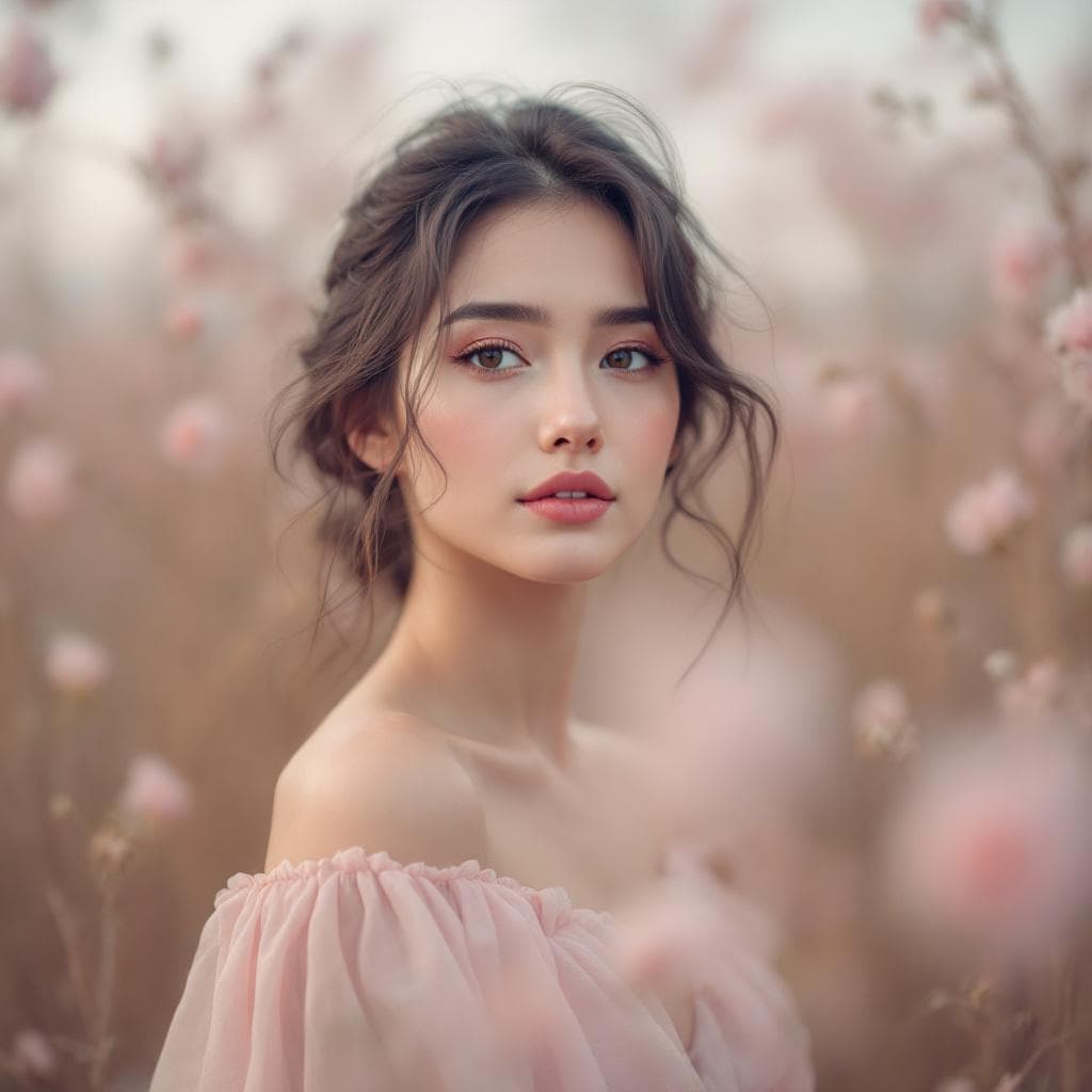 AI generated: Soft Focus Portrait Capture a soft focus portrait of the woman in a pastel-colored dress, using a sh...