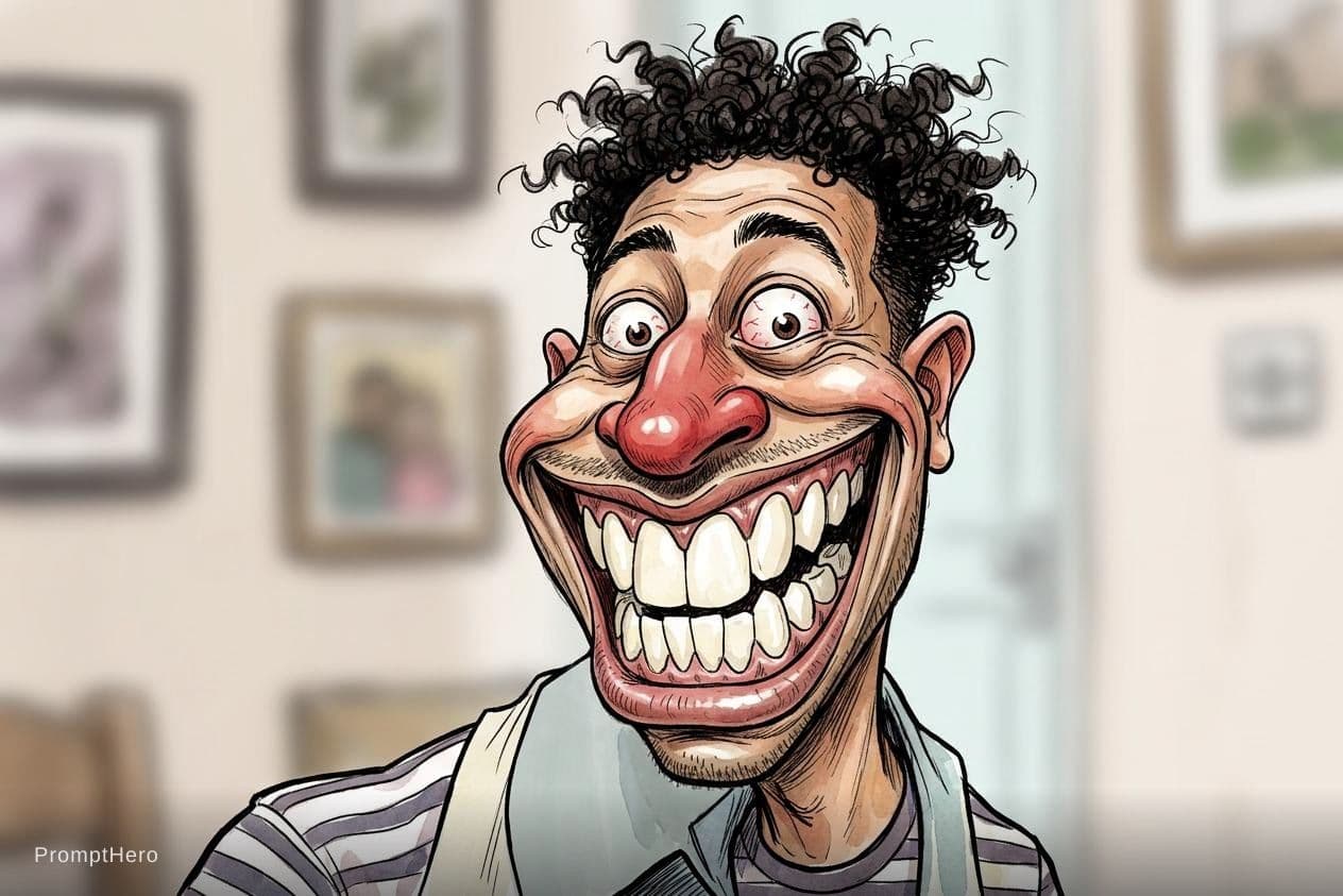 AI generated: funny caricature, exaggerated cartoon human, male, 40 years old, wild-haired, big-nosed, toothy, imp...