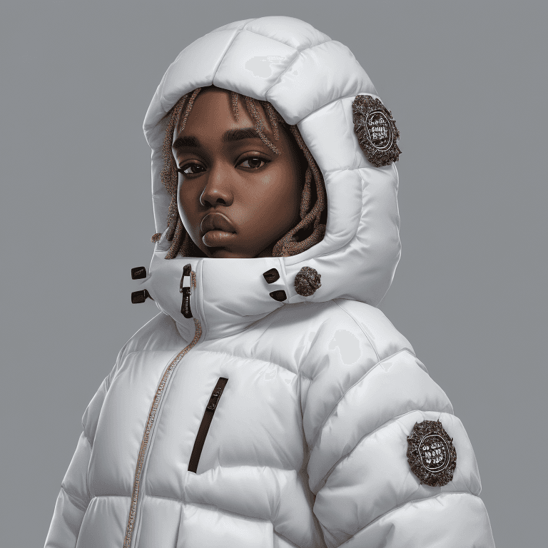 AI generated: milky Fubu winter puffer jacket, design trend, design by kanye west, on a white background, octane, ...