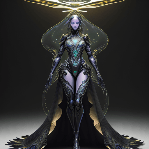 AI generated: gorgeous lady, full portrait, calypso color, smooth glossy nanotech full body armour, black gold out...