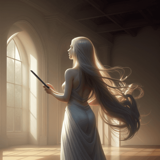 AI generated: An ethereal, with flowing hair, gracefully standing in gym, the play of light and shadows creating a...