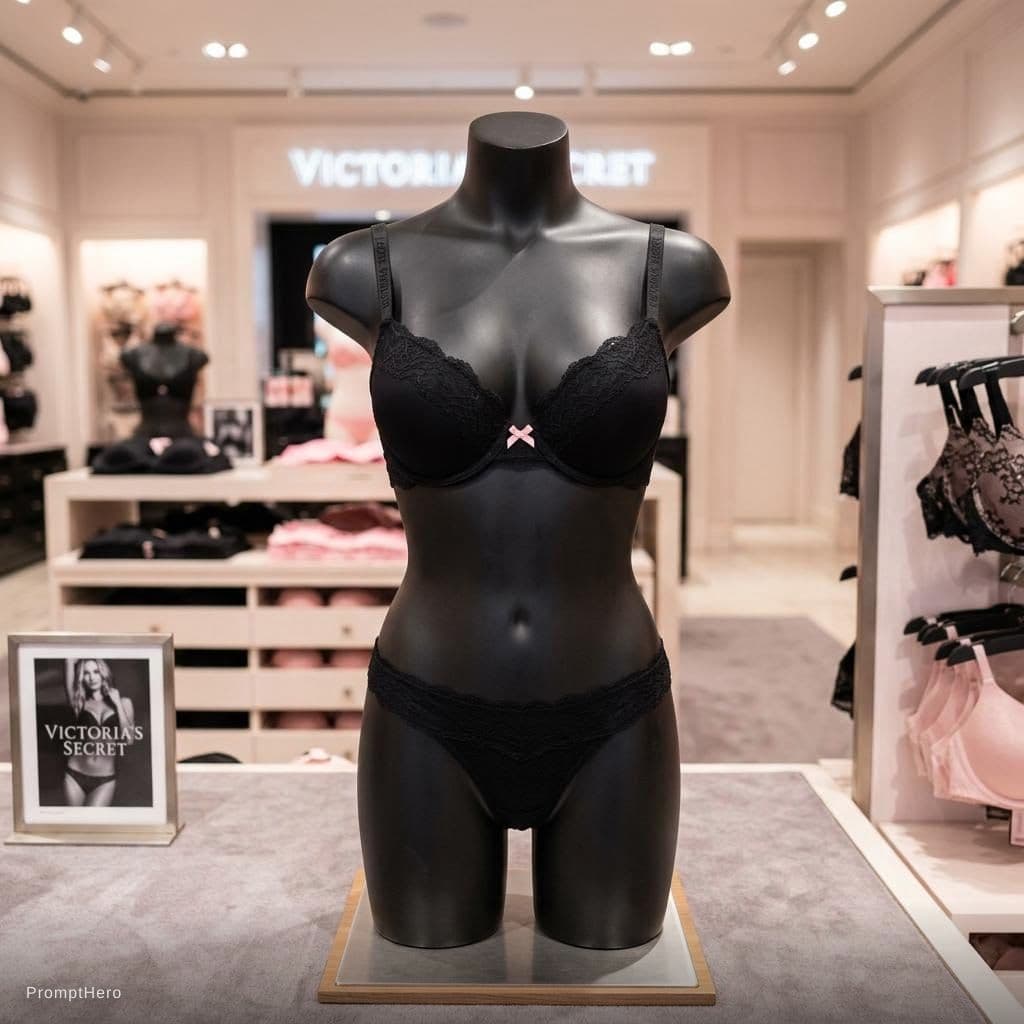 AI generated: Create a headless mannequin that is currently wearing a black Victoria Secret bra and thong.