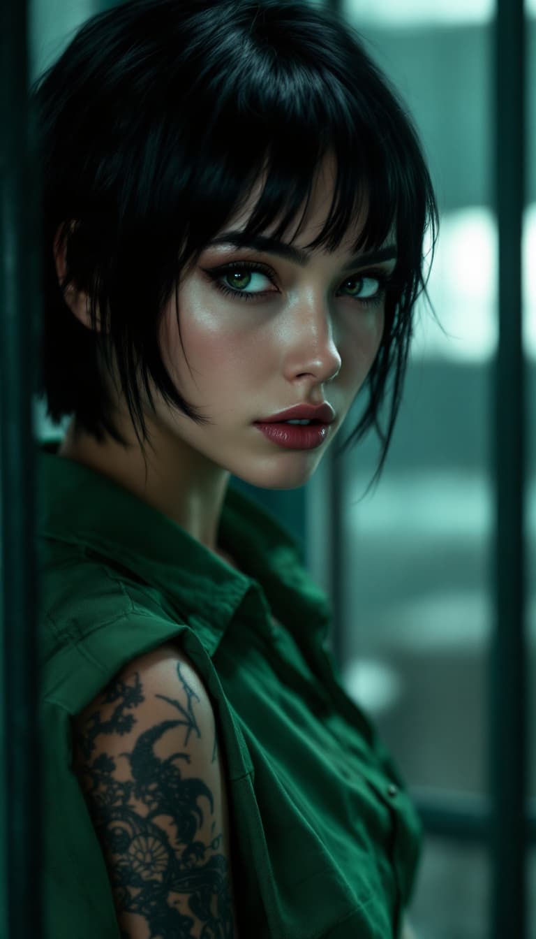 AI generated: female prisoner gorgeous short black hair, prison, green suit, cell, tattoo, (tattoos), (full body v...