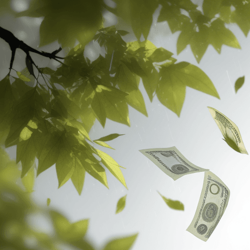 AI generated: 
Paper money is raining from the branches of a tree with roots and green leaves, a clear field with ...