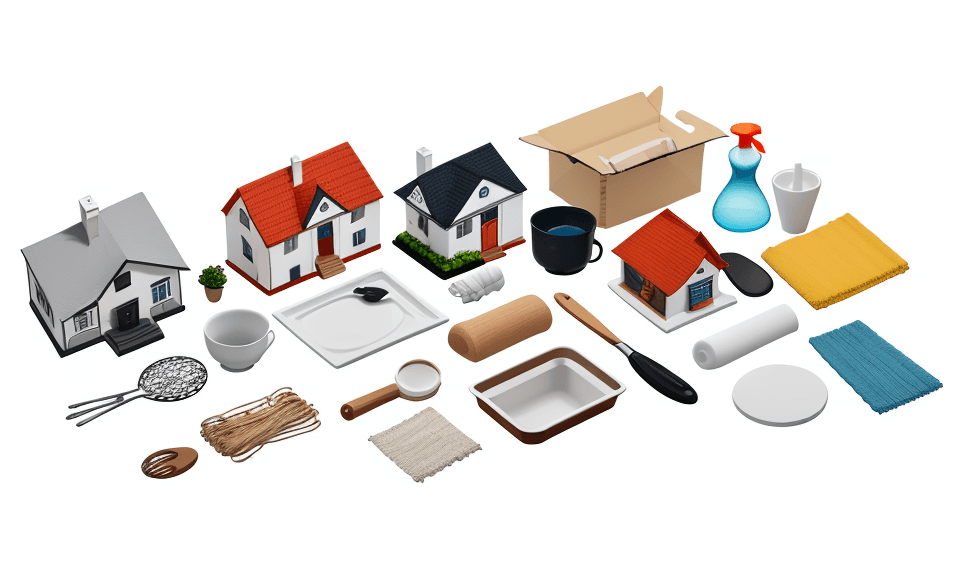 AI generated: A mixture of house hold items, with white background