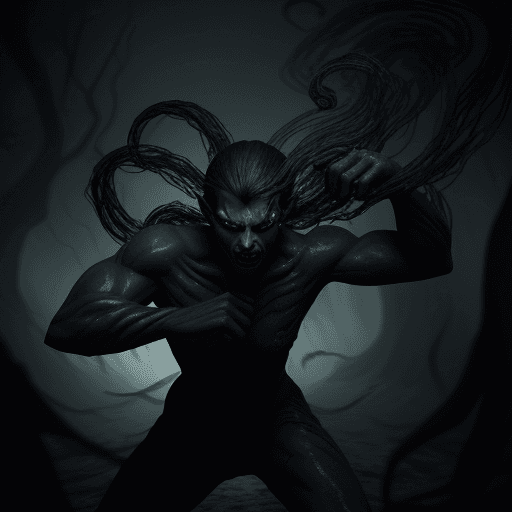 AI generated: Twisting Shadows):
Create an image emphasizing the twisting and contorting shadows as the battle int...