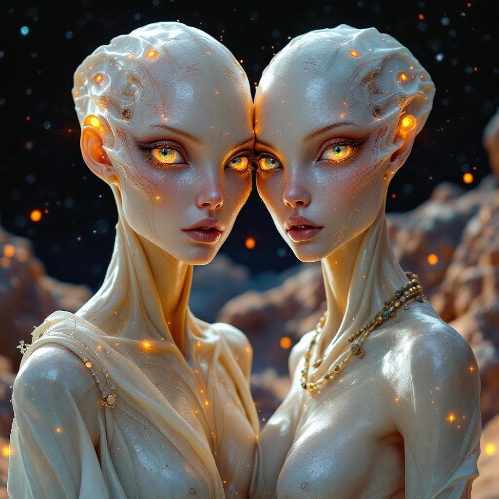 AI generated: Create a unique, flesh, organic, species, Male and Female. Otherworldly human figures with iridescen...