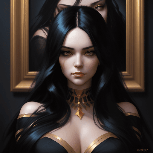 AI generated: a woman with long black hair in a gold painting, in the style of charlie bowater, dark blue and dark...