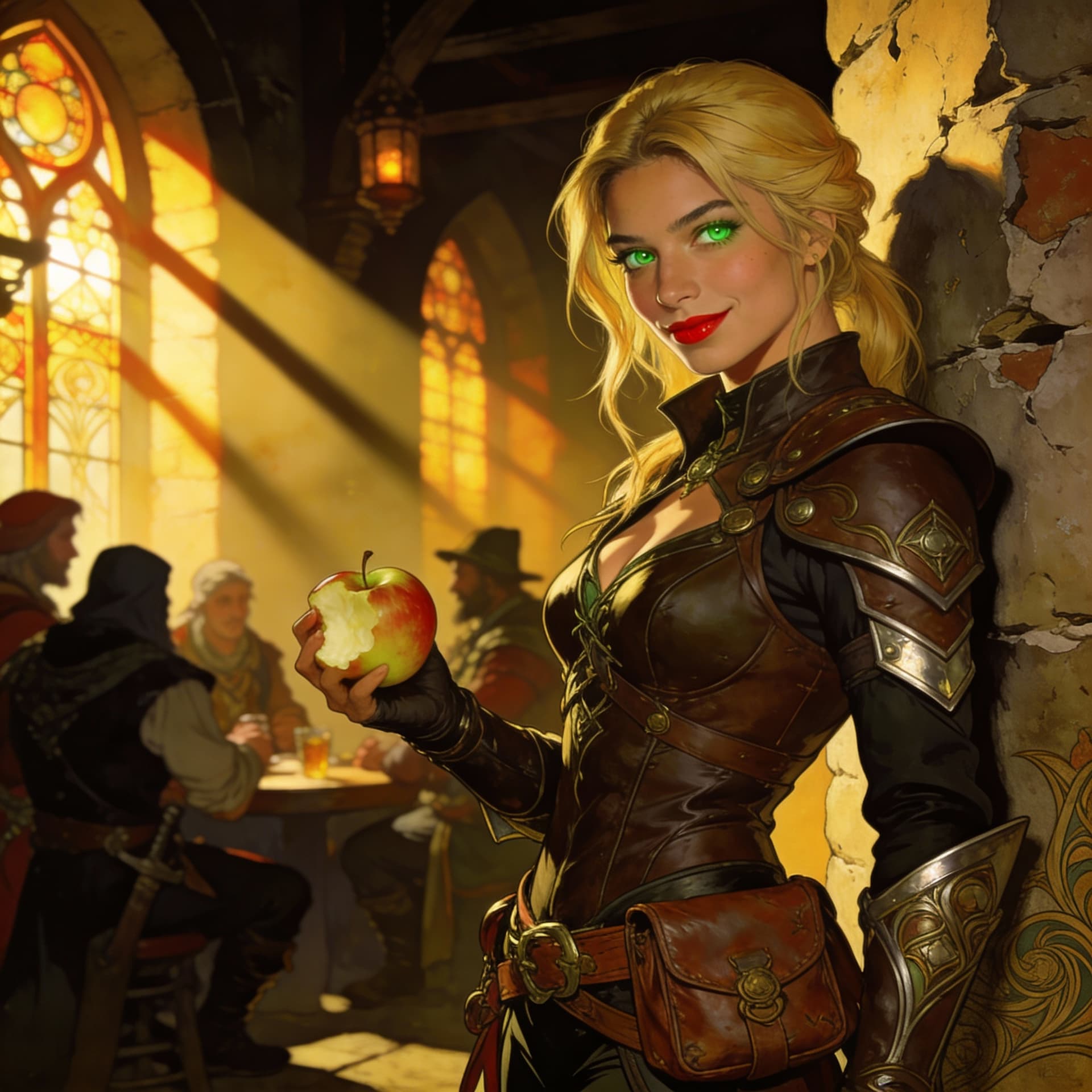 AI generated:  A lithe, young blonde female D&D thief of mixed European descent stands confidently, her bright gre...