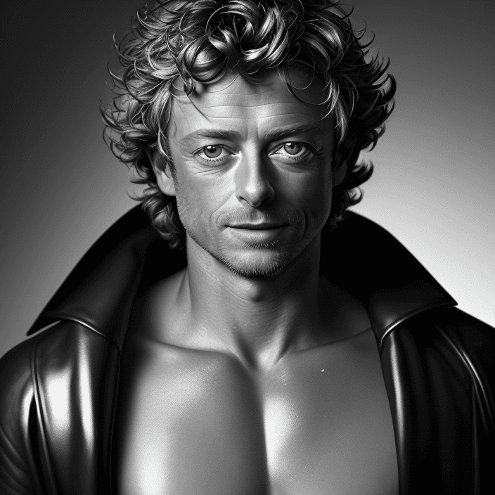 AI generated: simon baker -black and white lighting - portrait - photo
-shiny skin-Rembrandt Light-Shiny skin with...