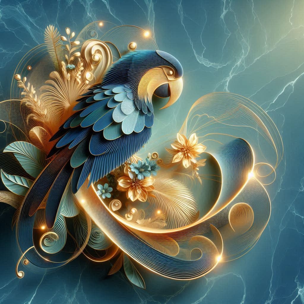 AI generated: abstract 3D shape parrot, foliage and flowers incorporated, light emitting, blue and golden marble b...