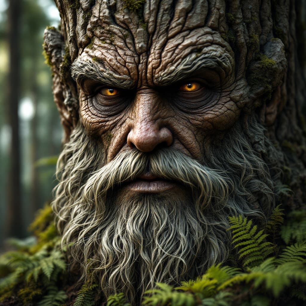 AI generated: [(human face):1], old tree trunk, highly detailed bark, [long beard::5], photorealistic, HDR, pine t...