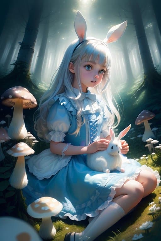AI generated: Tim burton style, (portrait of Alice In Wonderland), ((young girl playing with a white bunny)), cute...