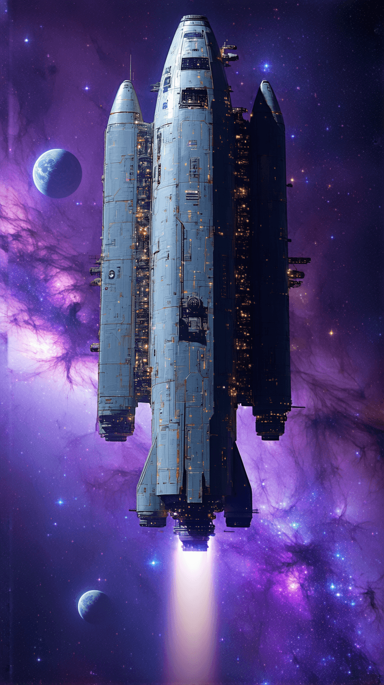 AI generated: A highly detailed concept art of a futuristic spaceship, designed in a vertical configuration with a...