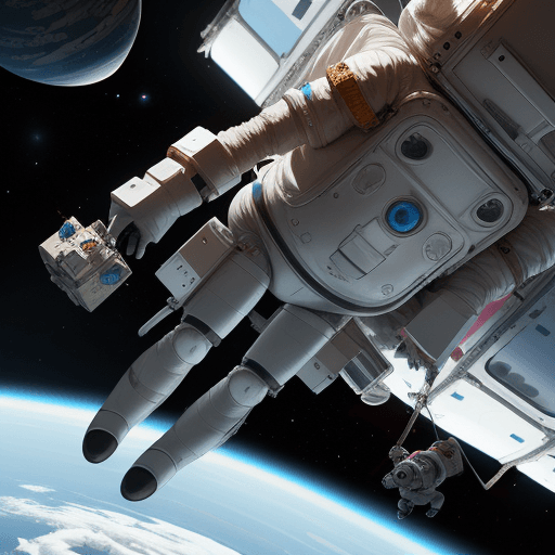 AI generated: a girl rescuing a small robot in space
