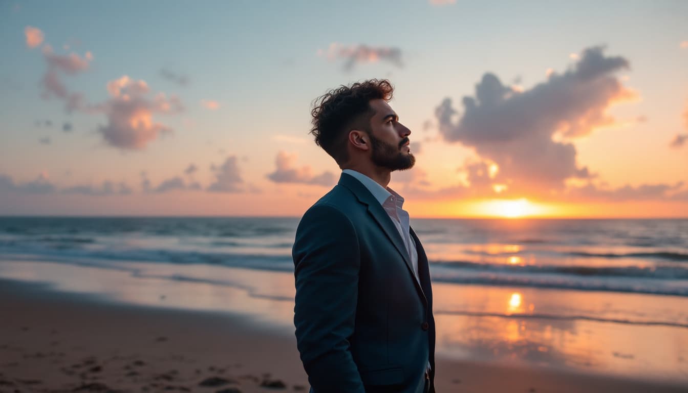 AI generated: Estilo tipo inspirador. Paisaje: playa al atardecer. Un hombre lleva un traje de vestir con su mirad...