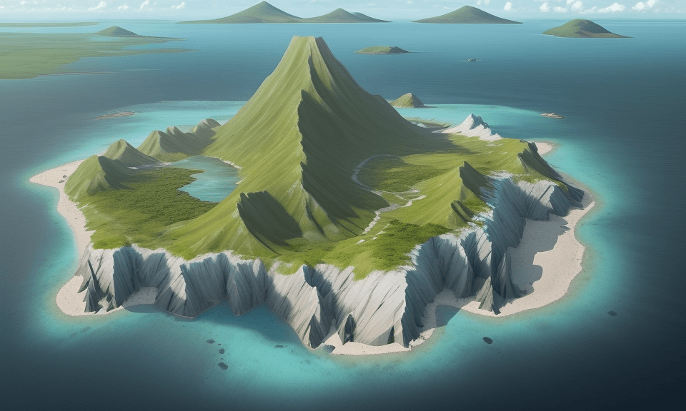 AI generated: bird's eye view high up looking down of an island. you can see the mainland in the background. the i...