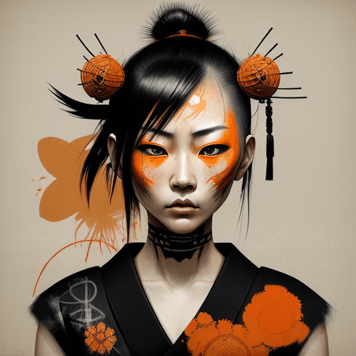 AI generated: Japanese woman, beautiful face, black and orange color tones, samurai style, wabi-sabi art,  abstrac...