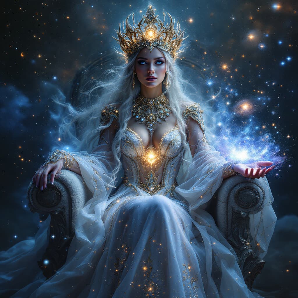 AI generated: A regal astral queen, her form seemingly made of starlight, adorned with jewelry that shifts and cha...