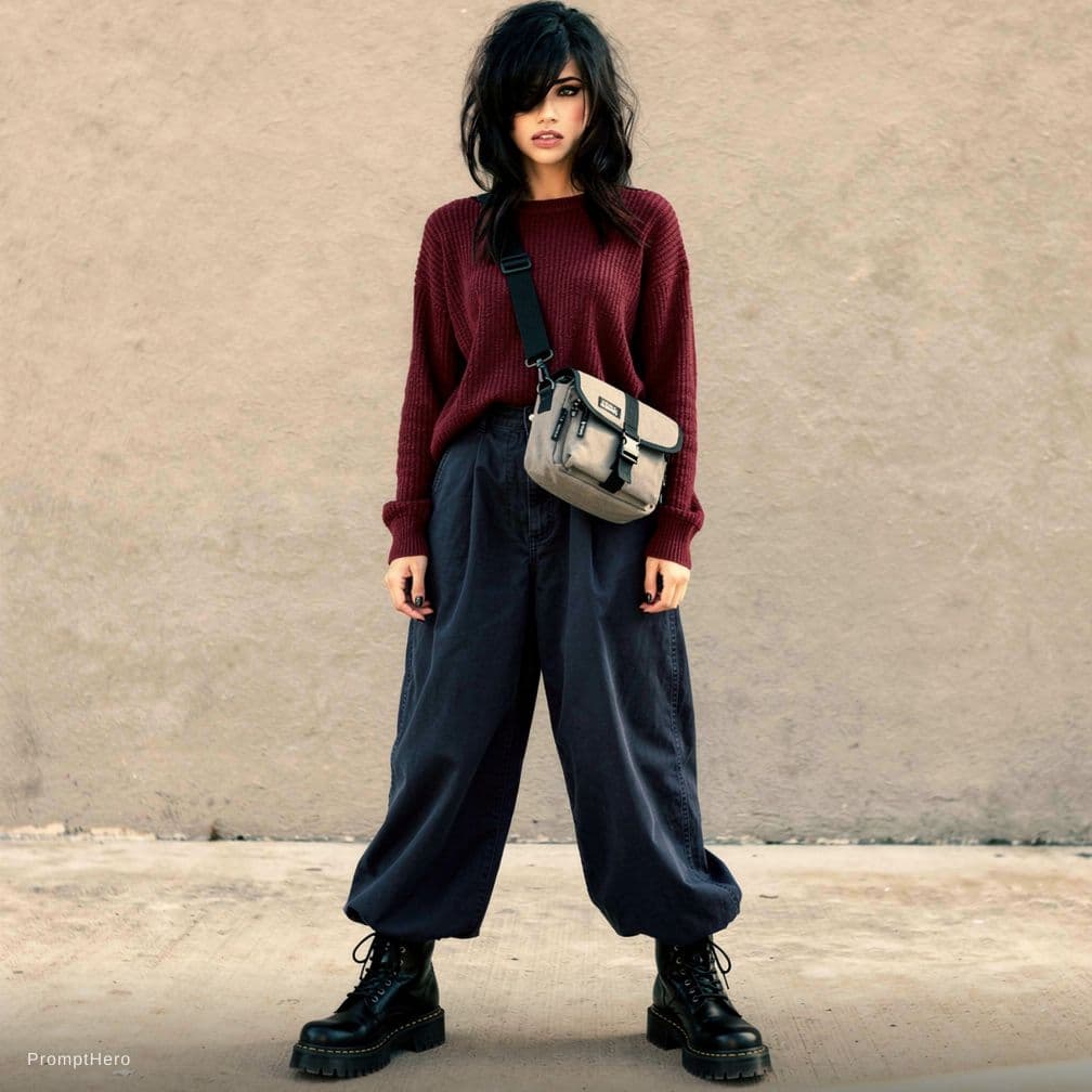 AI generated: A black haired teen wearing a carmine red colored knit sweater, wearing black combat boots, with bag...