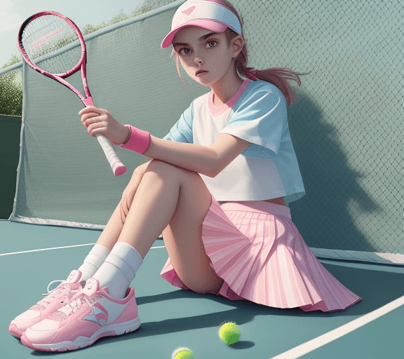 AI generated: Highest quality, perfect masterpiece, perfect art, 8K, (young and energetic girl, tennis, wearing pi...