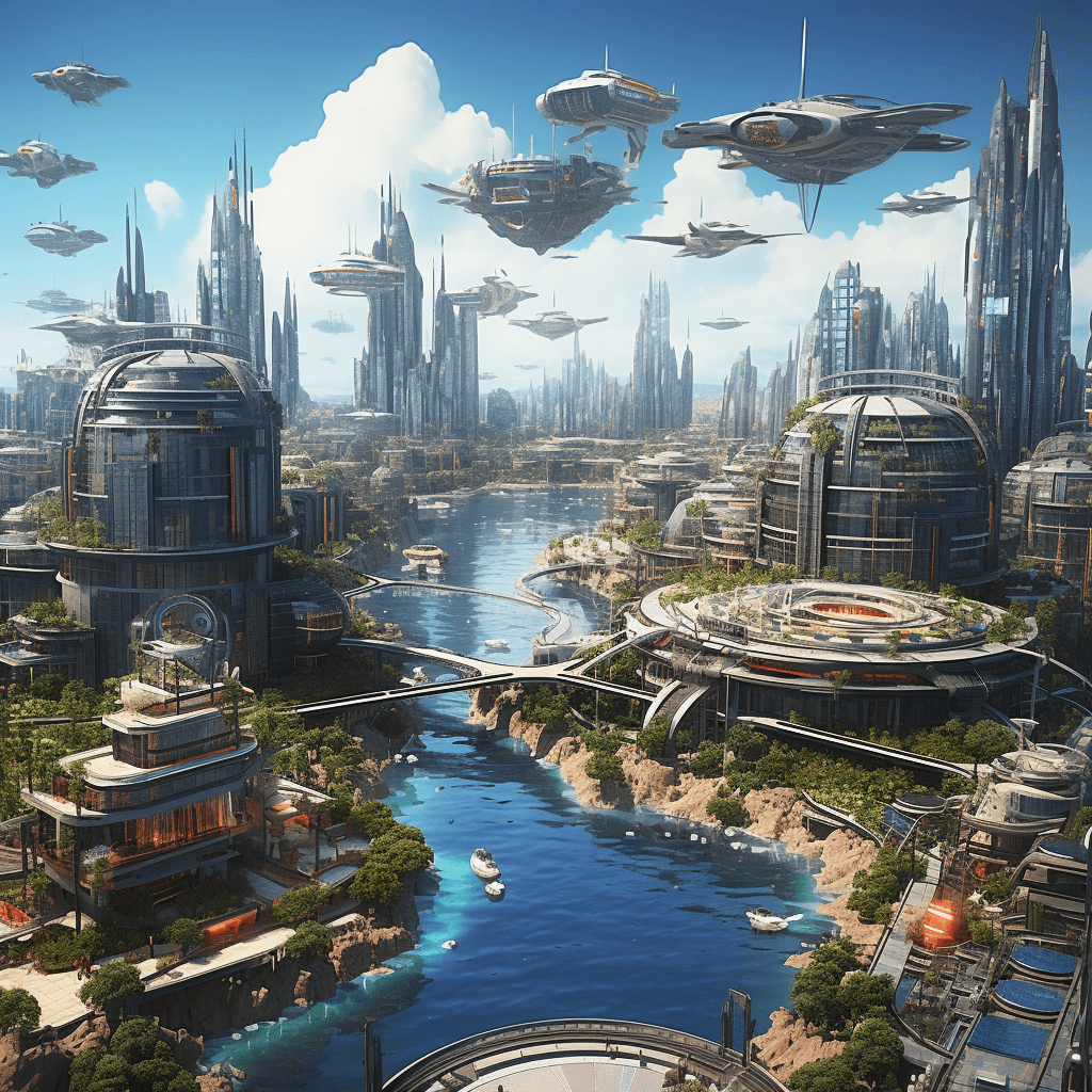 AI generated: some futuristic city and flying ships, in the style of spiritual landscape, national geographic phot...