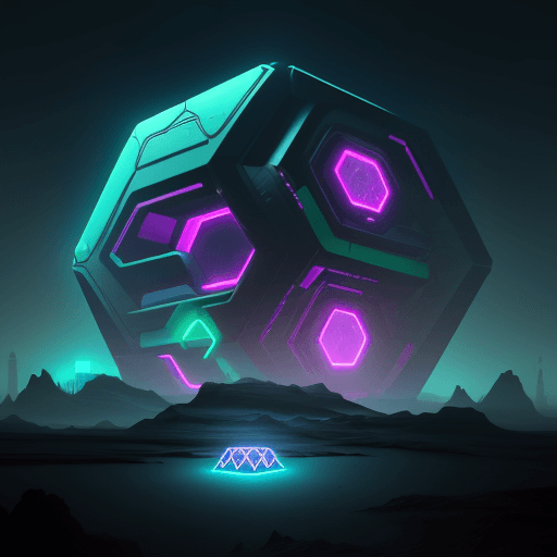 AI generated: A large hexagon hovers on an alien landscape. Neon, cyberpunk, scifi, dark, dreamy