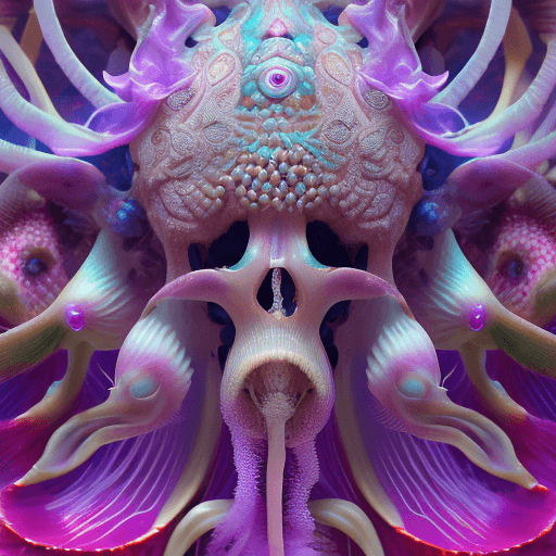 AI generated: Goddess close-up portrait ribcagel. jellyfish phoenix head, nautilus, orchid, skull, betta fish, bio...