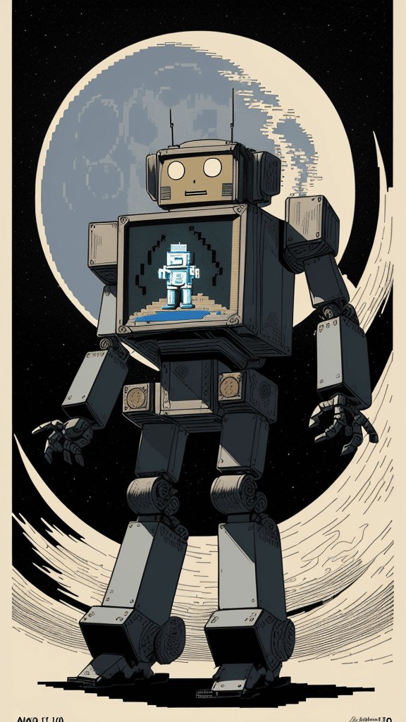AI generated: mono pixelated poster, signed "amf101fma", a digital woodblock illustration of a robot moon walking,...