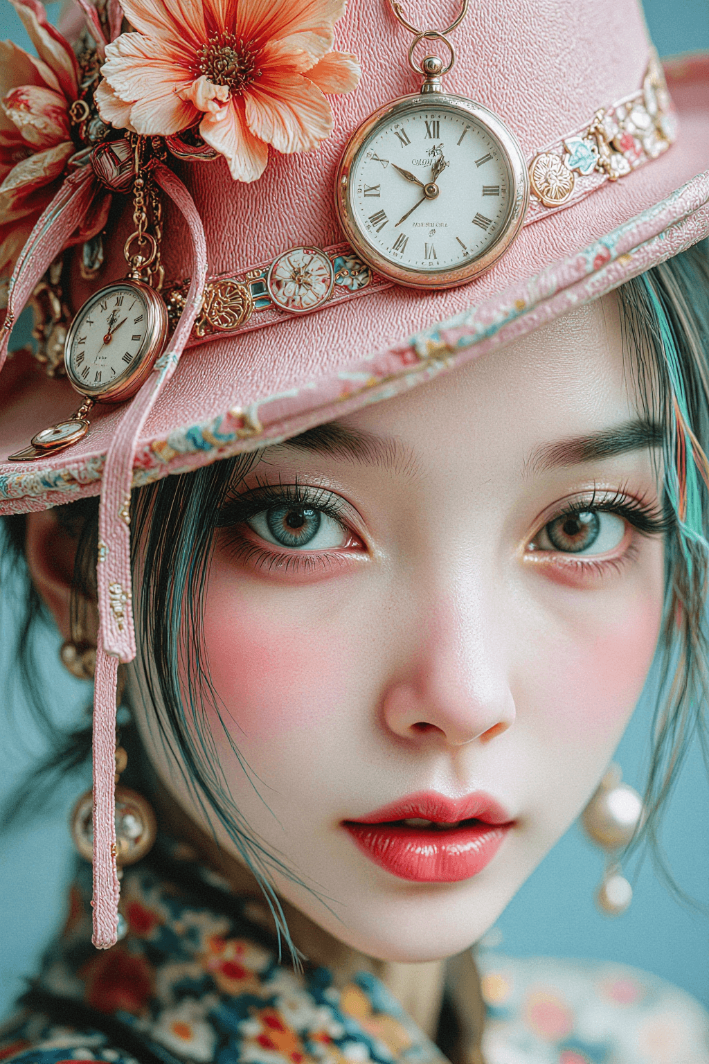 AI generated: ultra-detailed close-up portrait of a young east asian woman with striking blue-green eyes and thick...