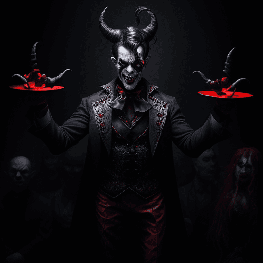 AI generated: A devilish, sinister, and madman master showman leading a dark grotesque circus show, dark circus sh...