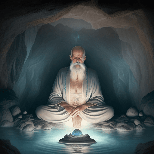 AI generated: A photorealistic image of Sigmund Freud as a wise mystic meditating in a sacred cave deep within a m...