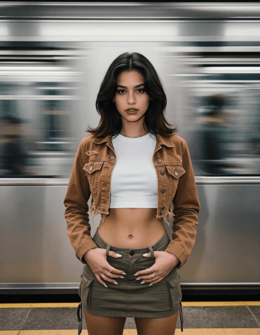 AI generated: A young woman in her early 20s with a toned physique and olive skin. She has voluminous, center-part...