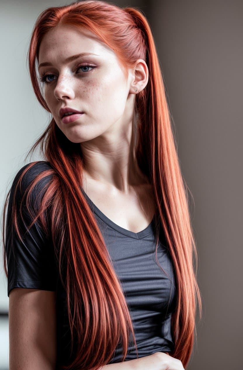 AI generated: red hair, (8k, RAW photo, highest quality), (epic realistic:1. 7), pretty girl, (detailed eyes:1. 2)...
