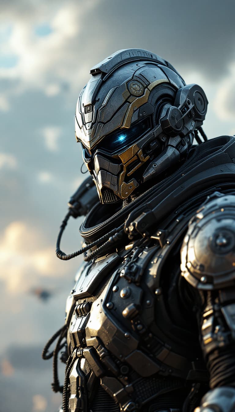 AI generated: HD 4K 3D render of a hyper-realistic male mech pilot, wearing an intricate knight helmet, standing c...