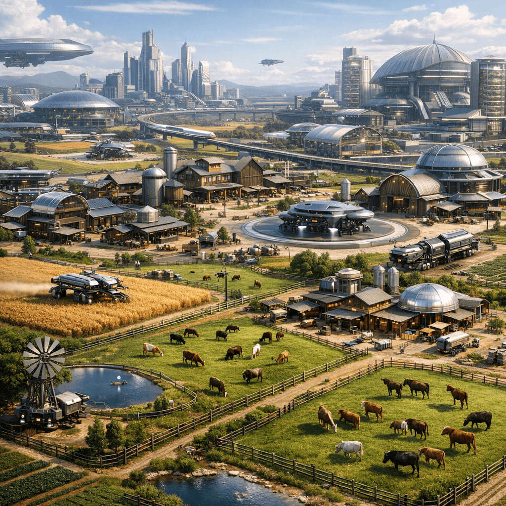 AI generated: Display an aerial view of a sleek, futuristic Old American Western Farming City, a reminder of the G...
