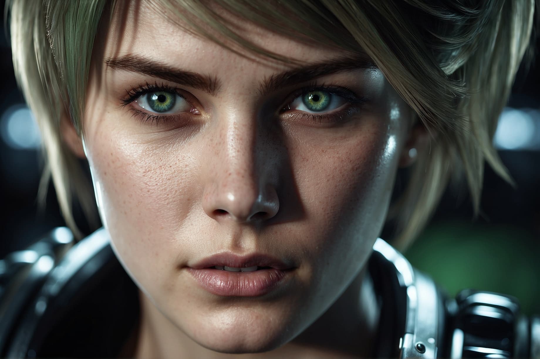 AI generated: A strikingly resilient Jill Valentine, her features exude strength amidst chaos: tousled chestnut ha...