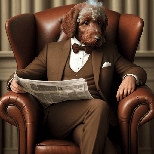 AI generated: A brown labradoodle dog, sat in a three-piece suit, in an armchair.  He is smoking a huge joint whil...
