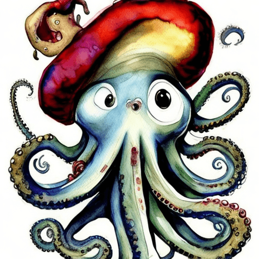 AI generated: A pirate octopus, watercolor by Tim Burton and Carne Griffith, white background, --ar 16:9