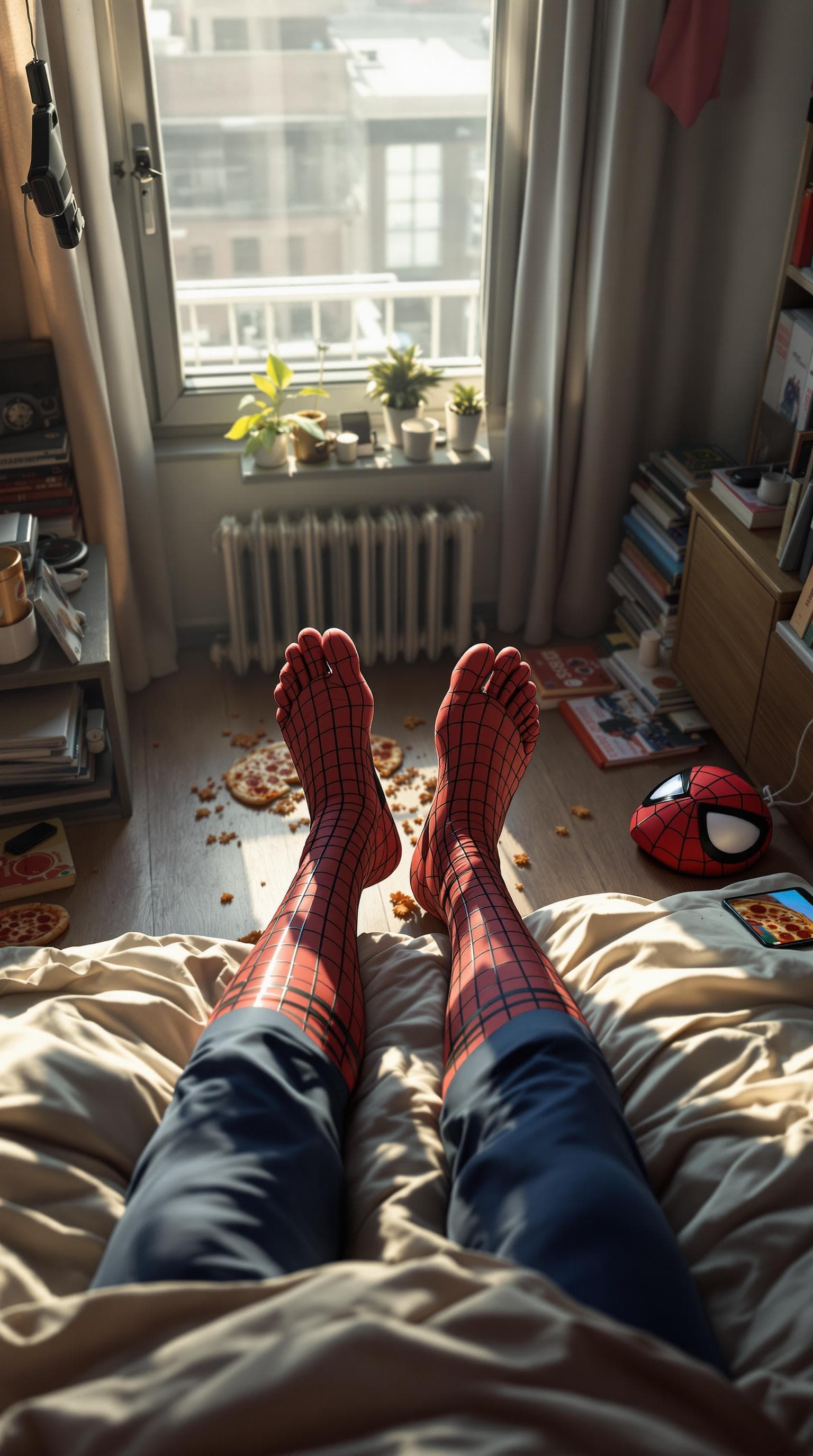 AI generated: "A first-person perspective of Spider-Man waking up in his small New York apartment. His legs, still...
