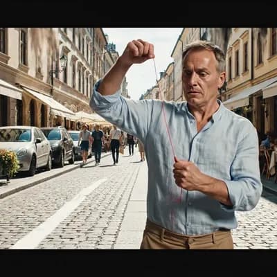 AI generated video: A 10-second hyperrealistic cinematic continuation. The same man gently pulls the tiny thread floatin...