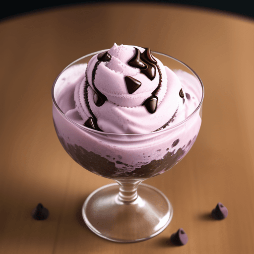 AI generated: a grape ice cream, in a glass cup, having some chocolate chip  on it, 4k