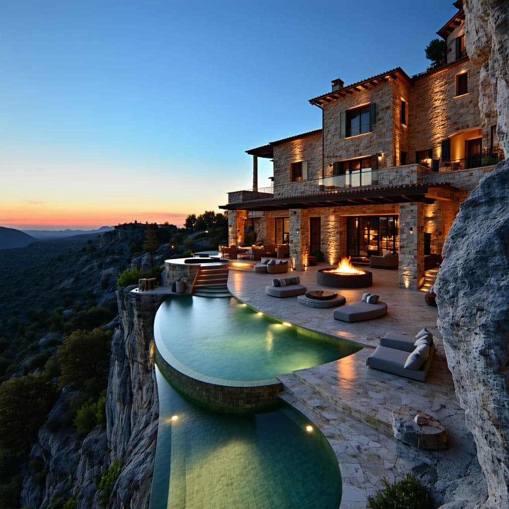 AI generated: Photo of a luxury villa perched atop a rocky cliff, featuring an infinity pool with a fire pit. The ...
