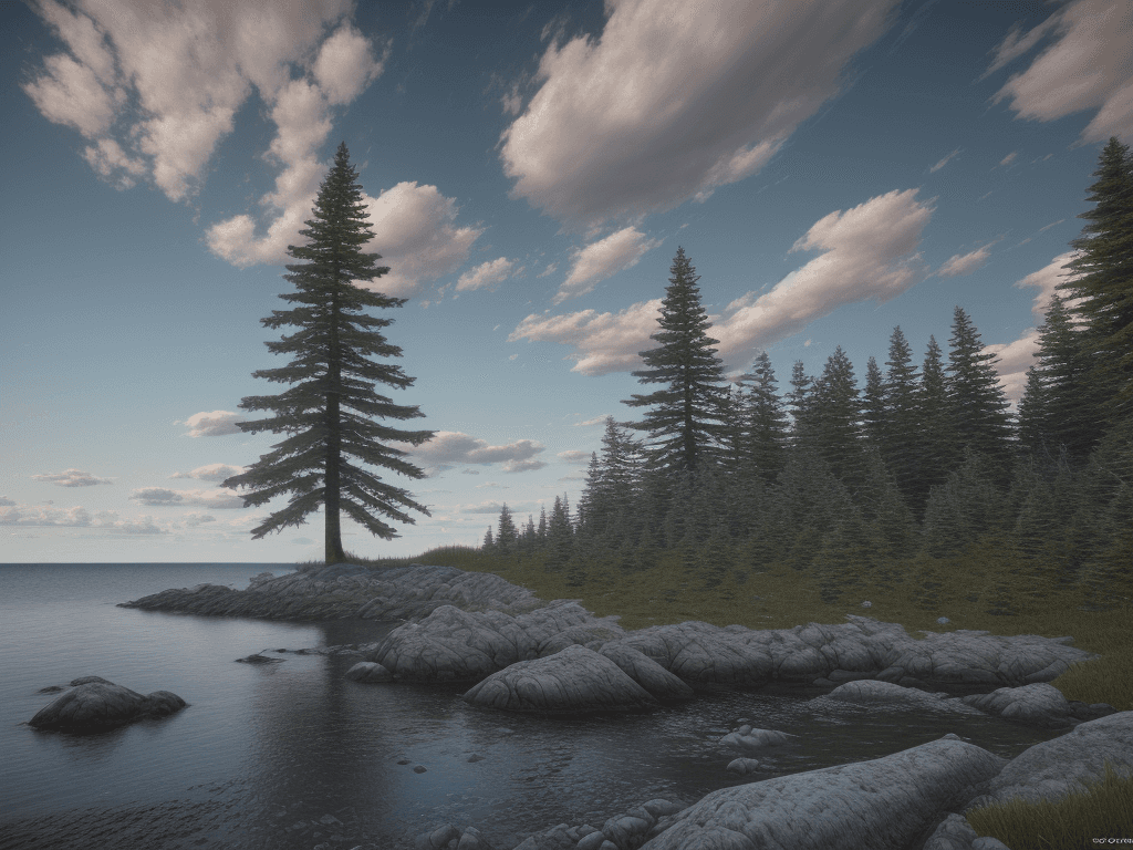 AI generated: photorealistic oil on canvas,
sparse clouds in a soaring sky, 
small blue spruce trees, rocky beach,...
