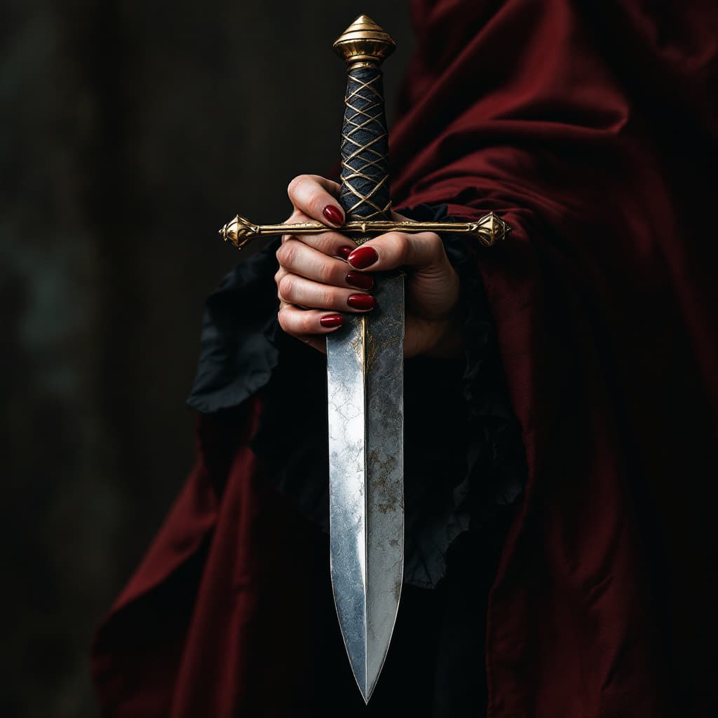 AI generated: female hand holding a dagger of justice

