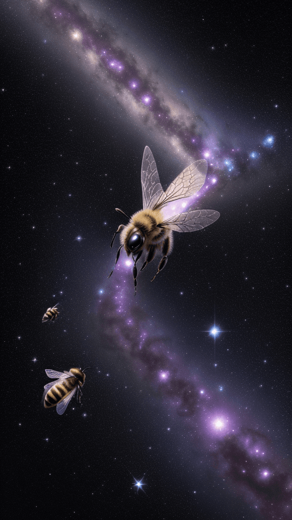 AI generated: {A honeybee floats in the darkness of space, its wings buzzing softly. The bee is surrounded by star...