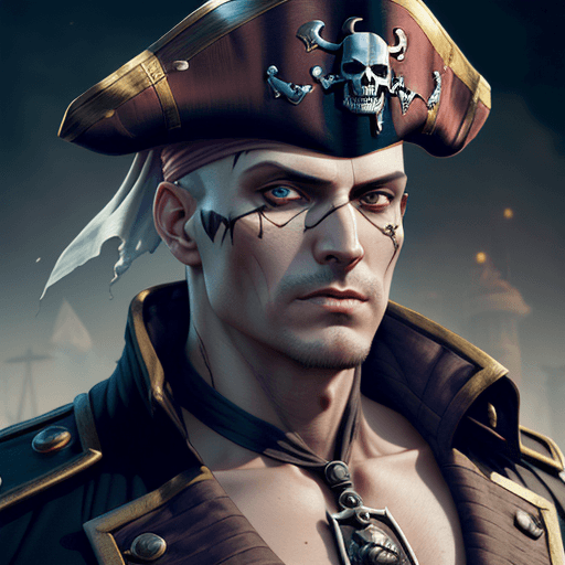 AI generated: male villain, bald, horror, mummy skin, clean shaven, pirate captain, pirate captain outfit, pirate ...