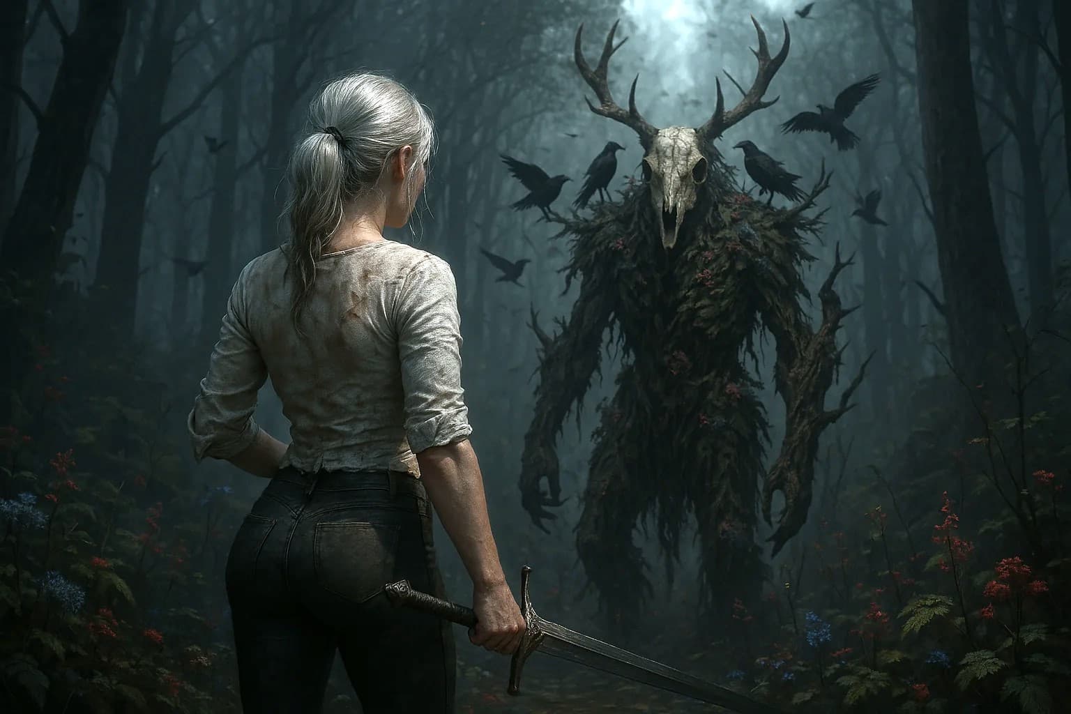 AI generated: A hyper-realistic image of an ashen haired lady, her hair tied in ponytail is seen from behind clad ...